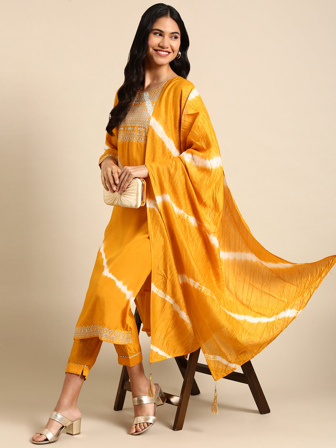 Women Solid Yellow Straight Kurta Set with Dupatta