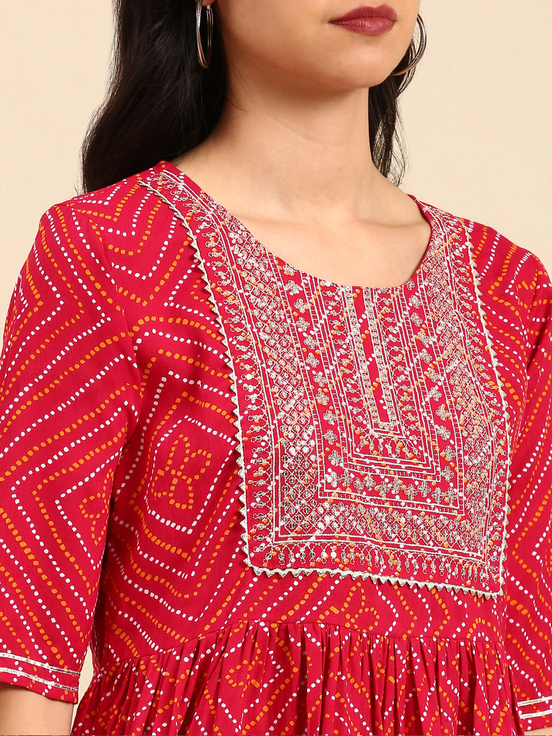 Women Bandhani Red Anarkali Kurta Set with Dupatta