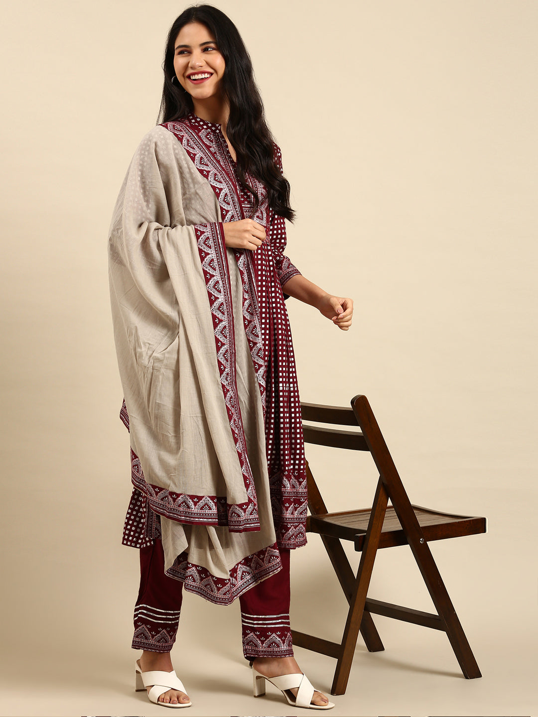 Women Geometric Maroon Anarkali Kurta Set with Dupatta