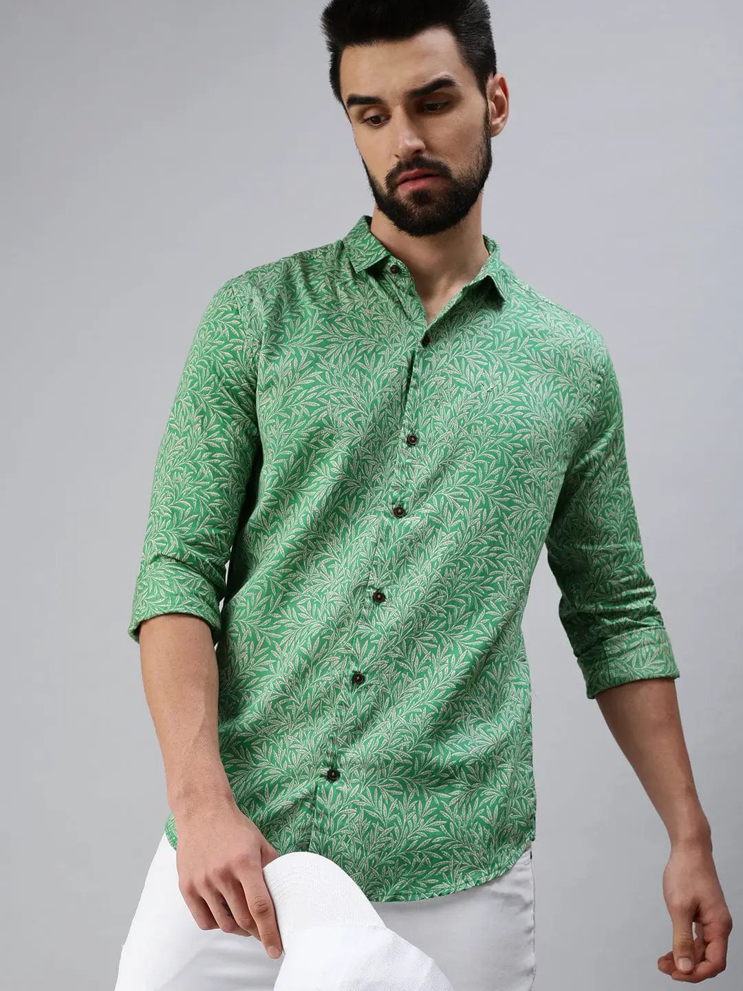Men's Spread Collar Printed Green Shirt