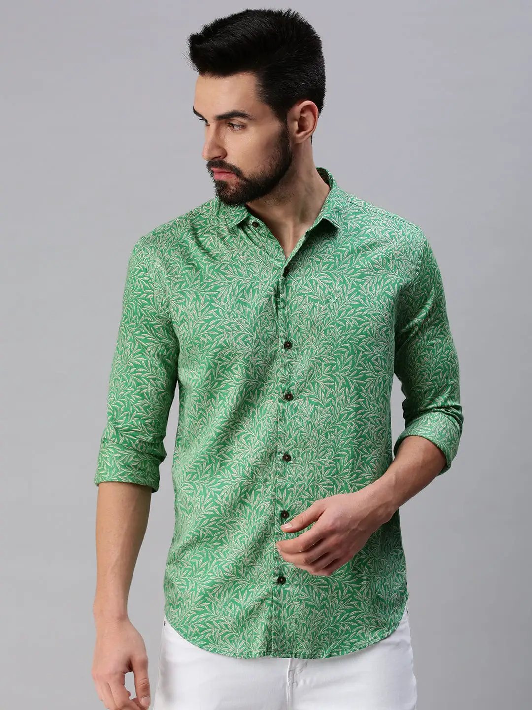 Men's Spread Collar Printed Green Shirt
