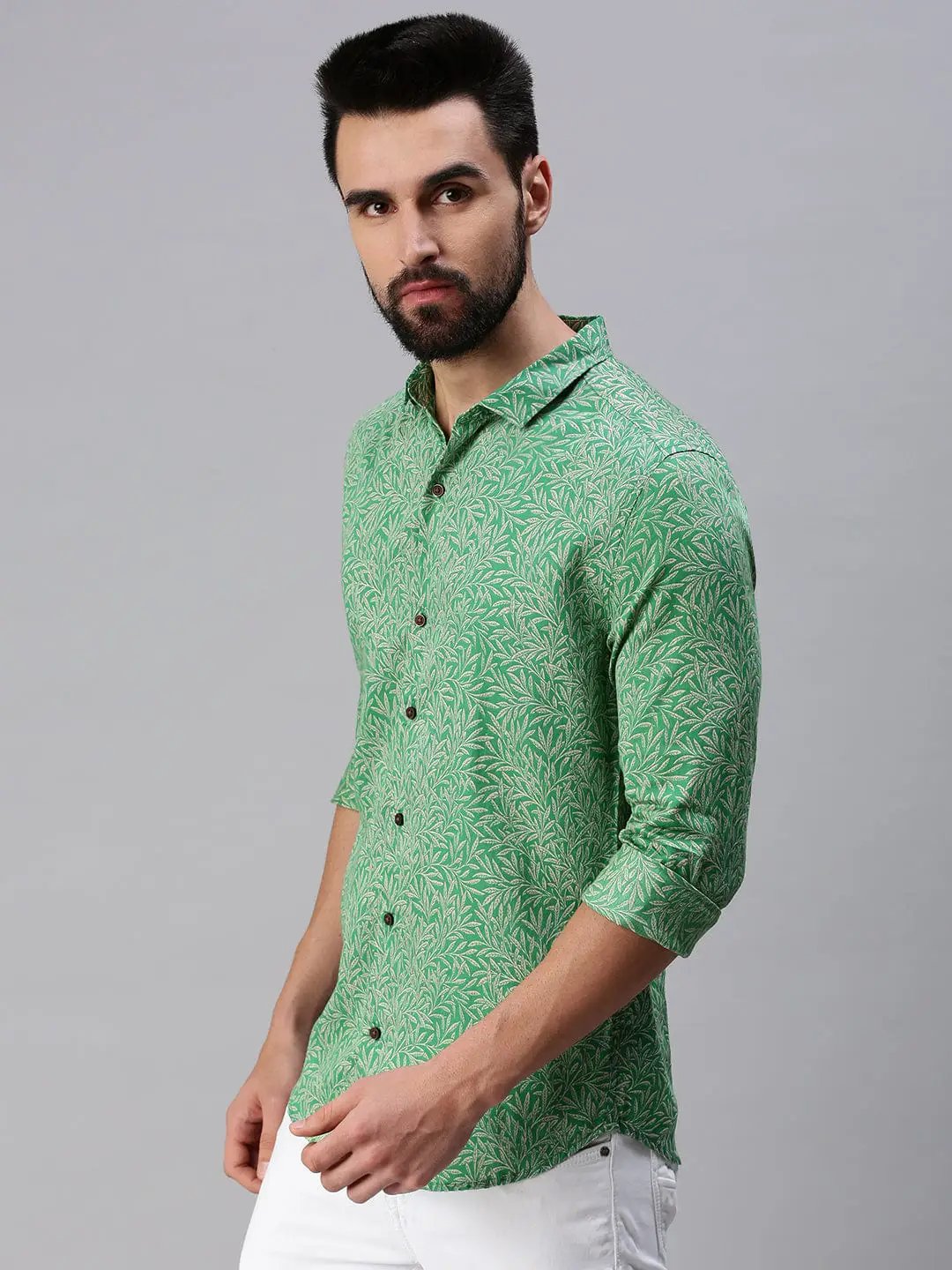 Men's Spread Collar Printed Green Shirt