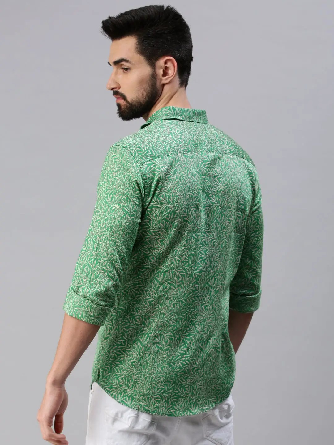 Men's Spread Collar Printed Green Shirt