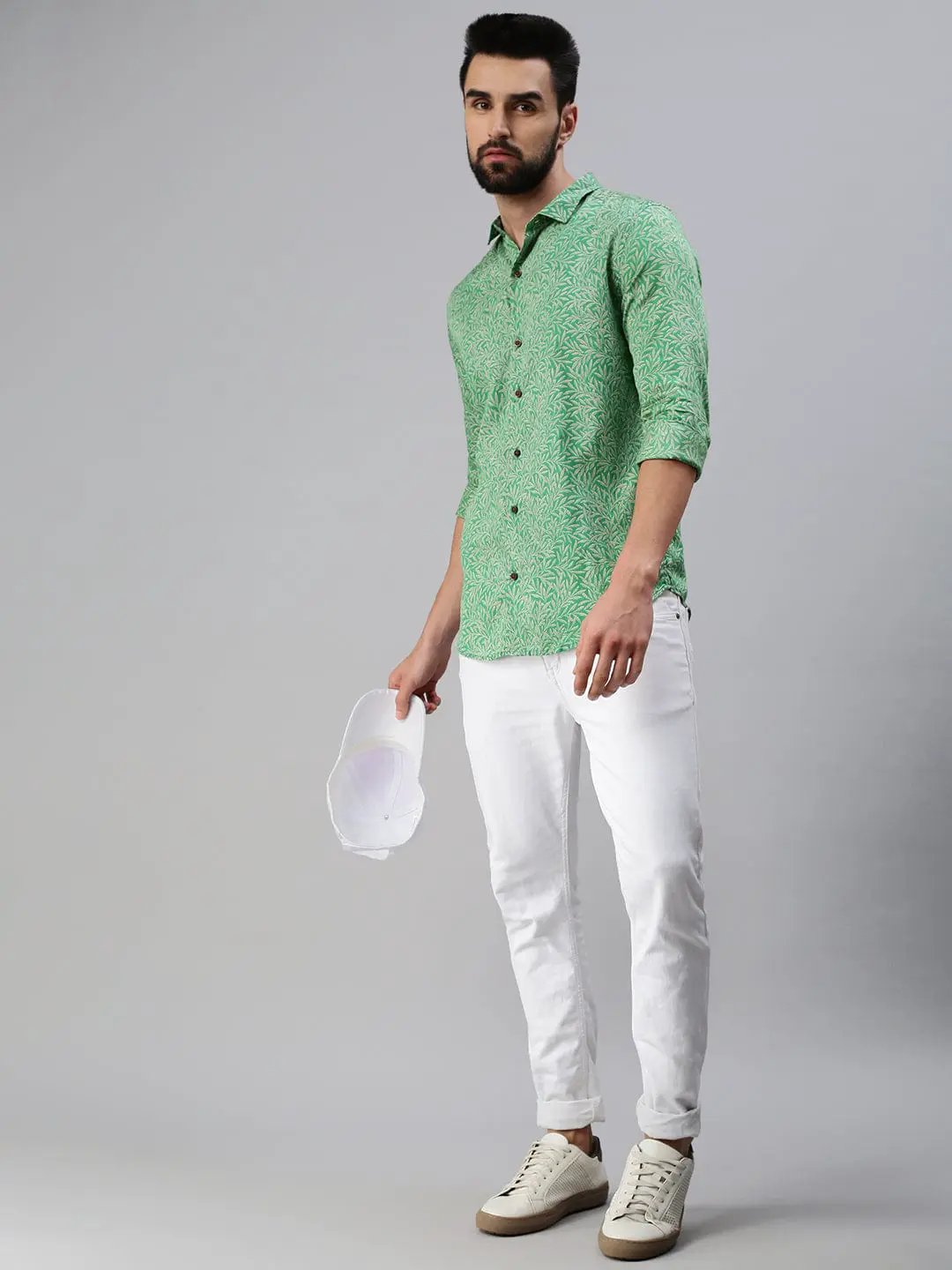 Men's Spread Collar Printed Green Shirt