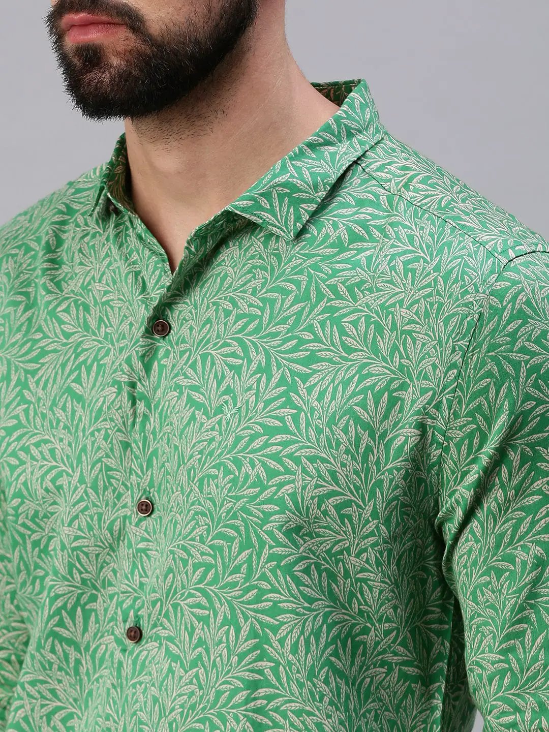 Men's Spread Collar Printed Green Shirt