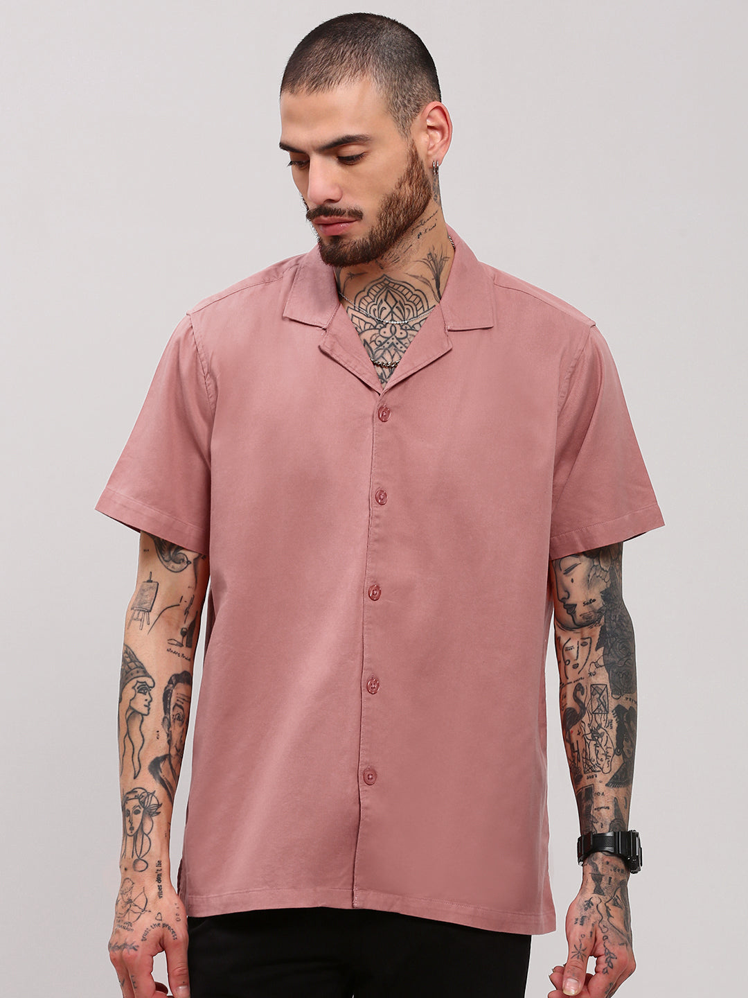 Men Pink Solid Cuban Collar Shirt