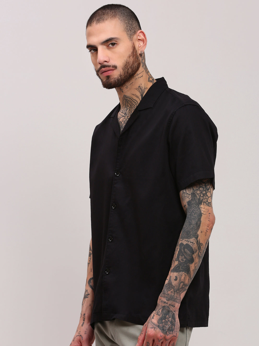 Men Black Solid Cuban Collar Shirt