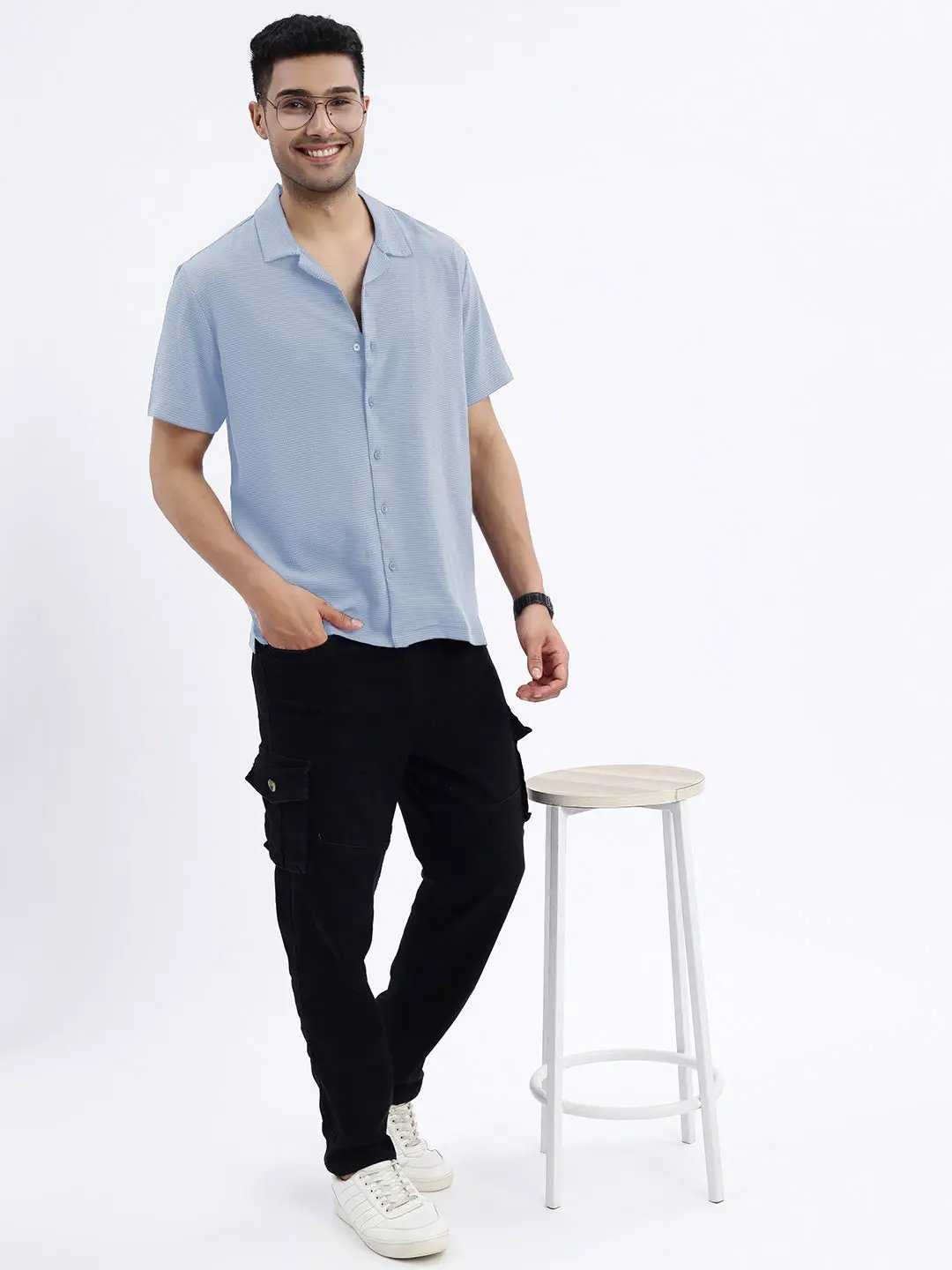 Men's Blue Cuban Collar Relaxed Fit Shirt - from SHOWOFFFF
