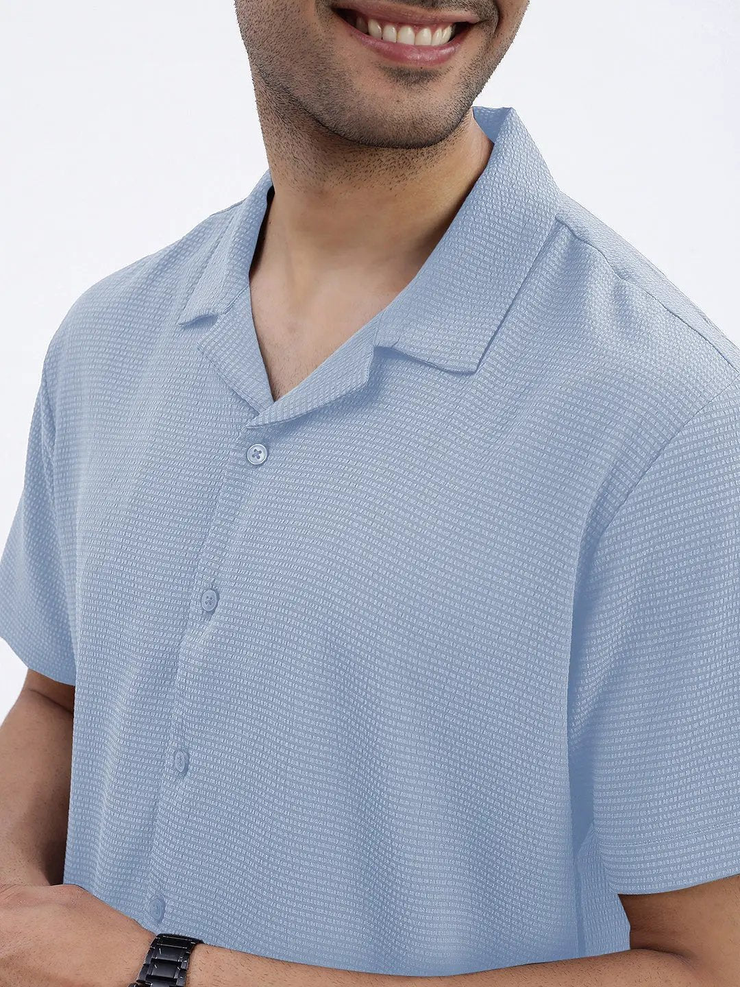 Men's Blue Cuban Collar Relaxed Fit Shirt - from SHOWOFFFF