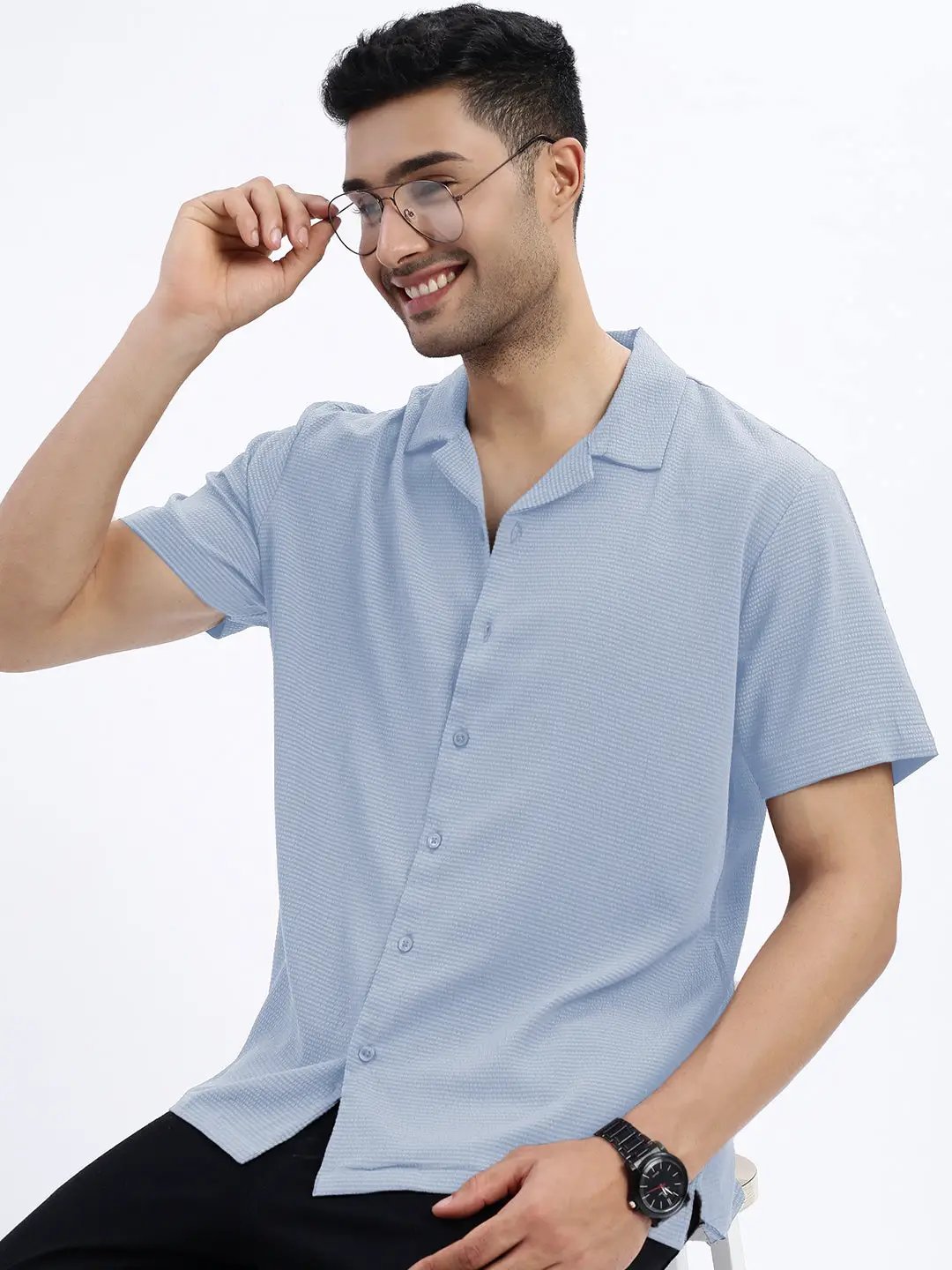 Men's Blue Cuban Collar Relaxed Fit Shirt - from SHOWOFFFF