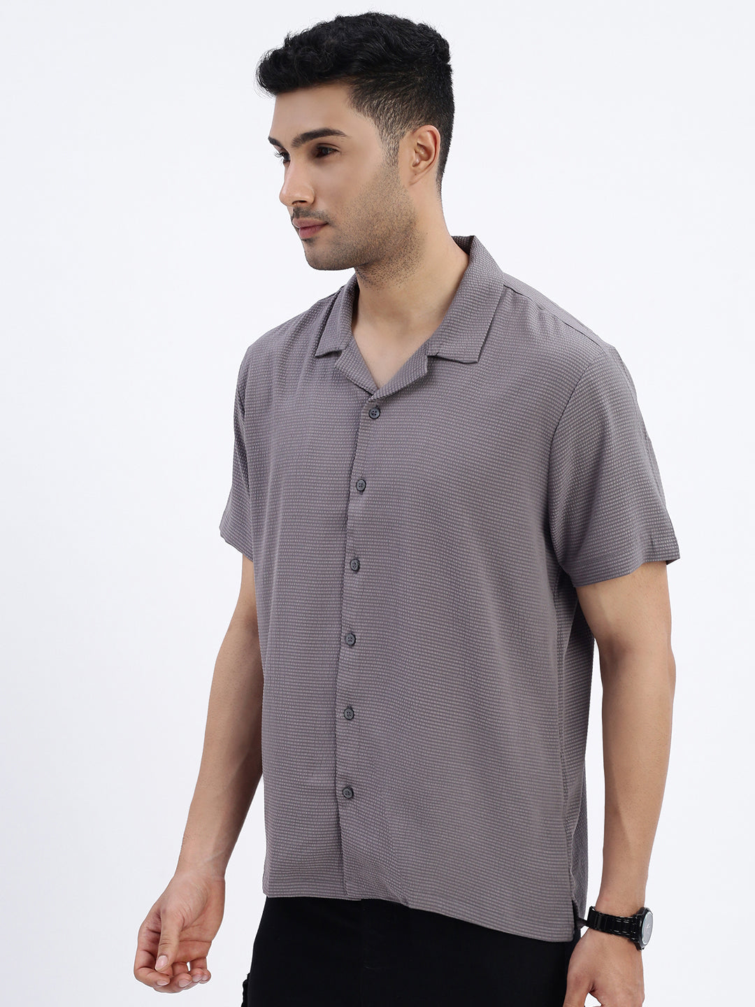 Men Grey Solid Cuban Collar Shirt