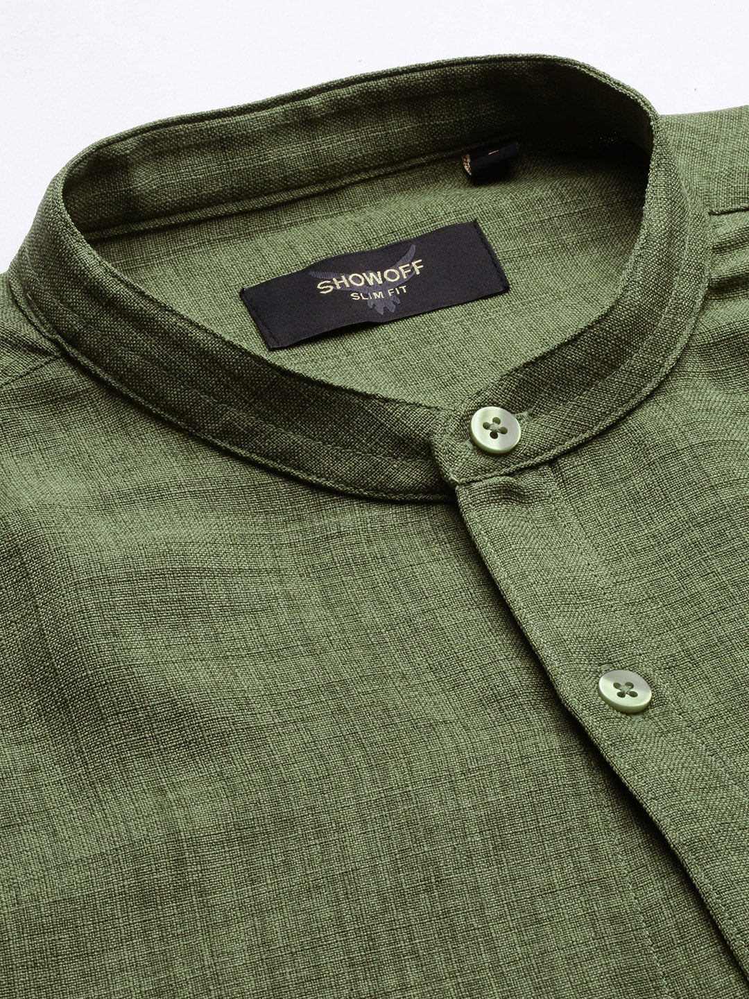 Men Mandarin Collar Solid Green Slim Fit Shirt