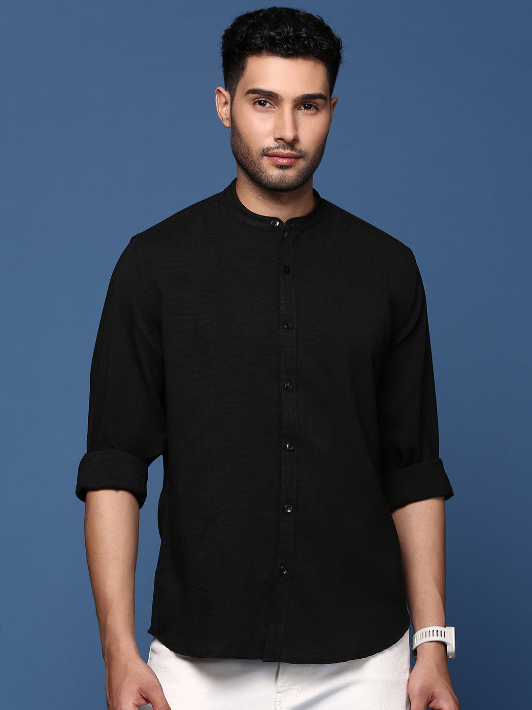 Men Mandarin Collar Solid Black Slim Fit Shirt