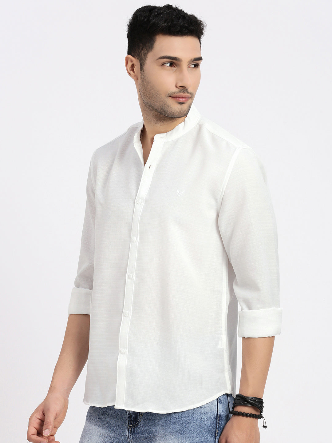 Men's White Mandarin Collar Solid Slim Fit Shirt