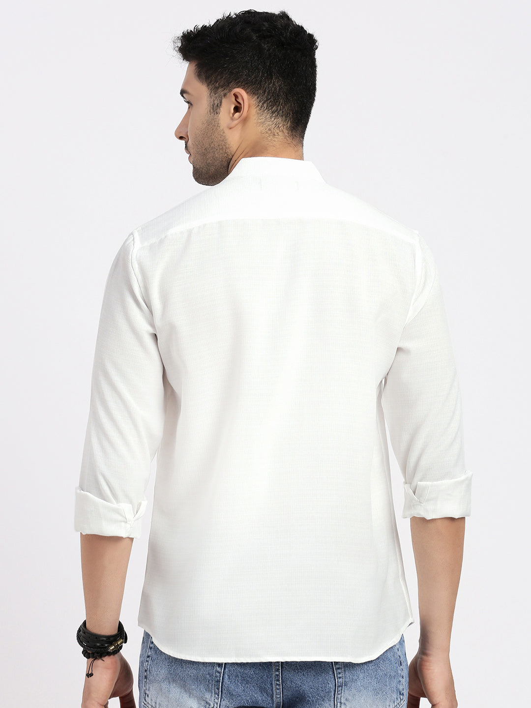 Men's White Mandarin Collar Solid Slim Fit Shirt