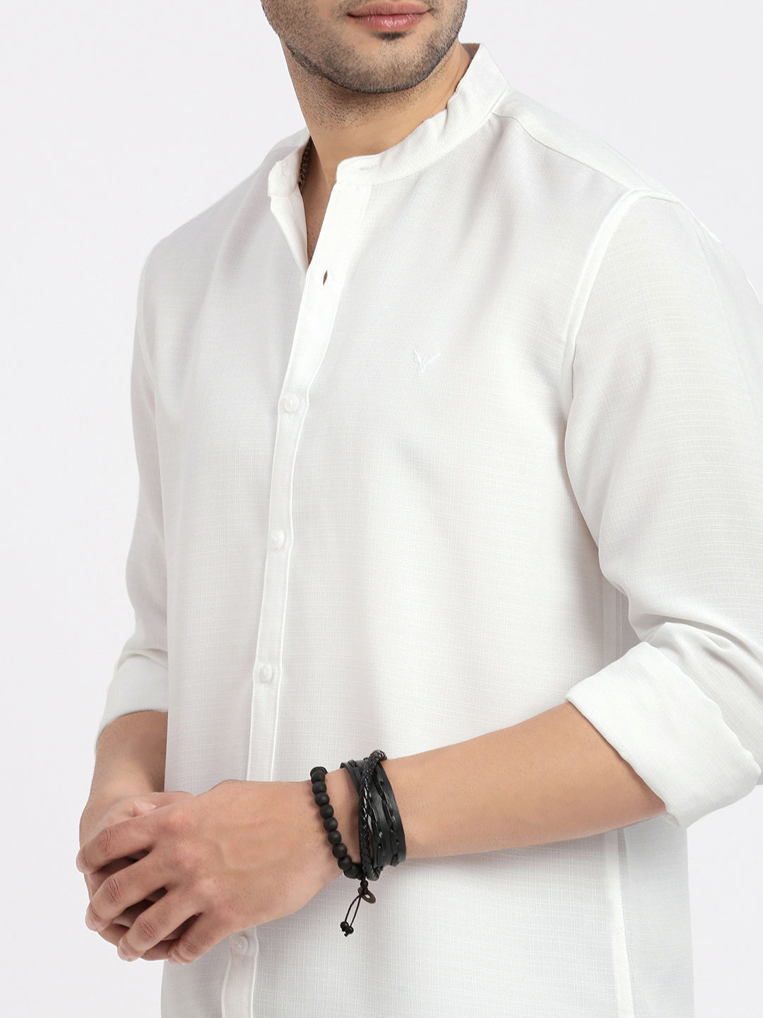 Men's White Mandarin Collar Solid Slim Fit Shirt