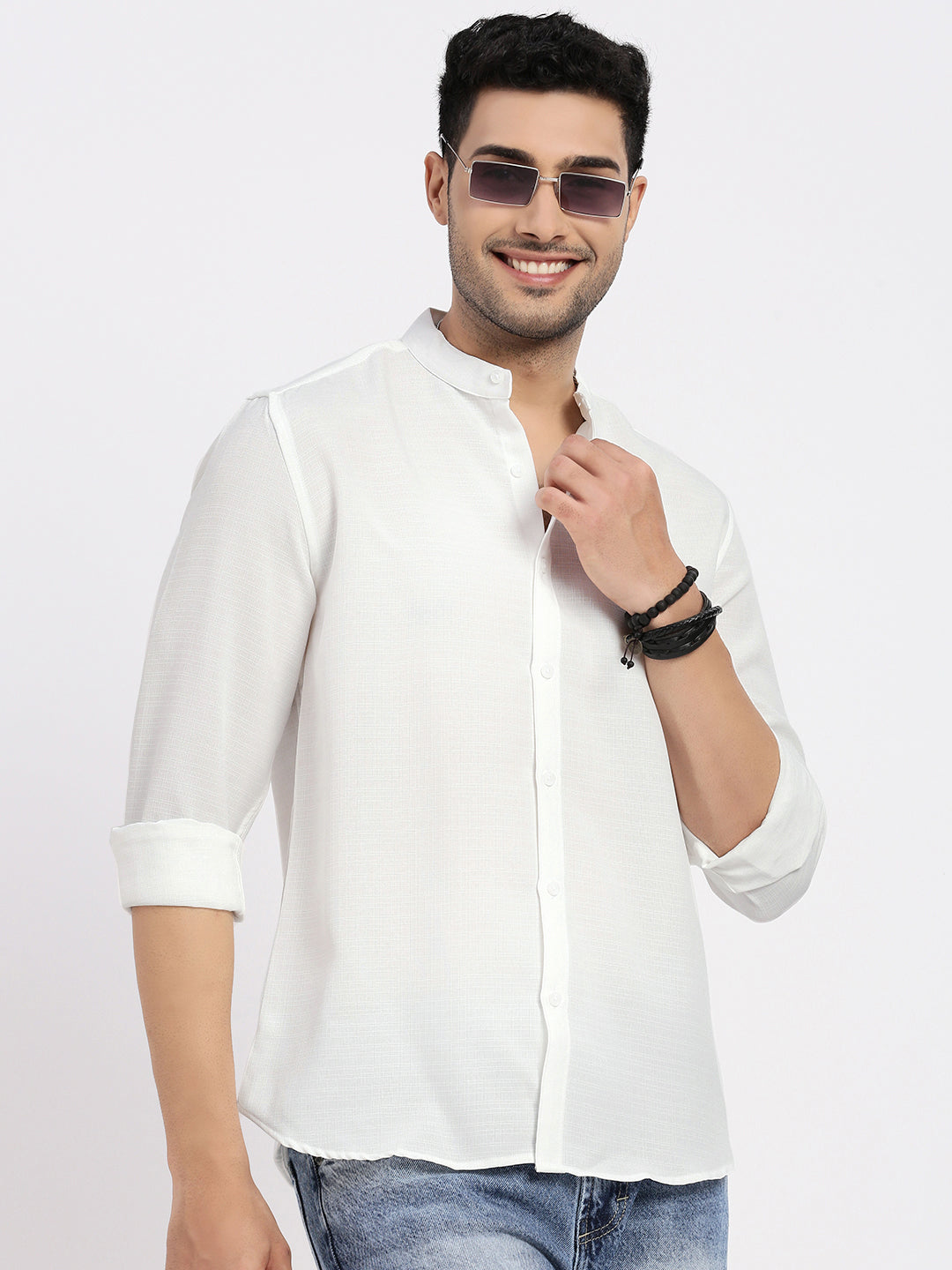 Men's White Mandarin Collar Solid Slim Fit Shirt