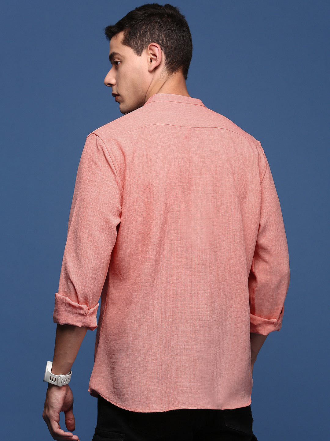 Men Mandarin Collar Solid Peach Slim Fit Shirt