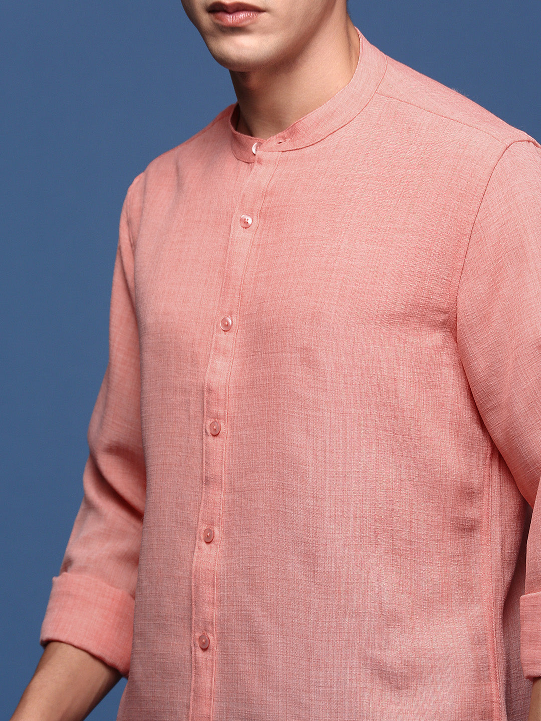 Men Mandarin Collar Solid Peach Slim Fit Shirt