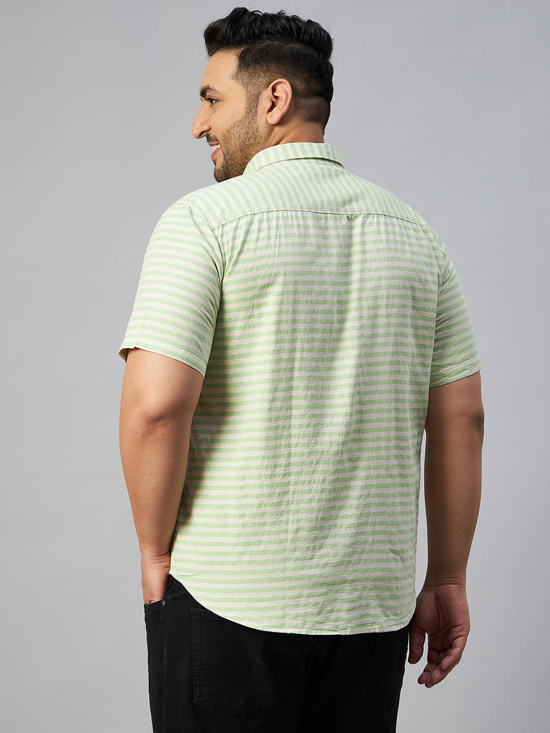 Men Green Striped Spread Collar Casual Shirt