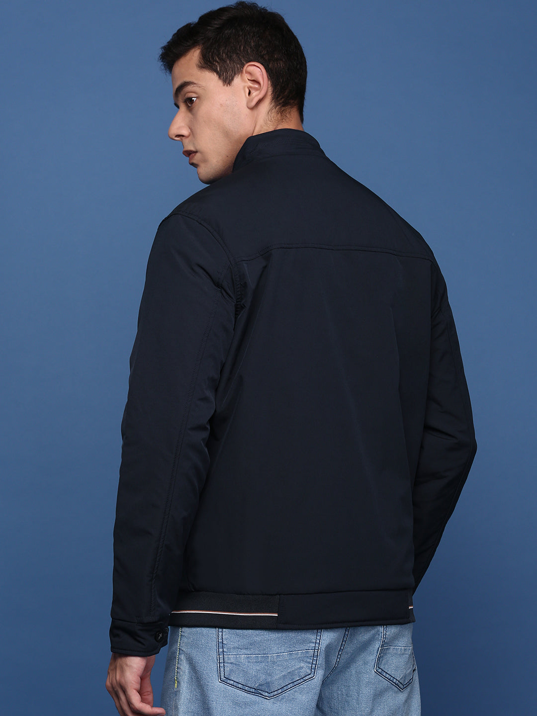 Men Solid Navy Blue Bomber Jacket