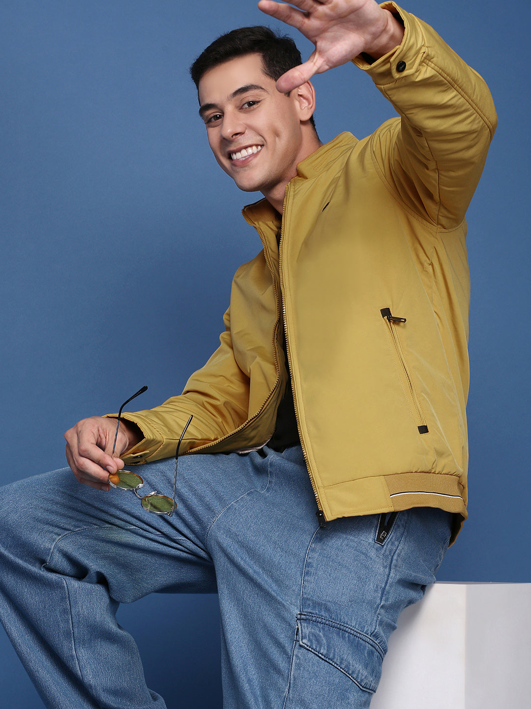 Men Solid Yellow Bomber Jacket