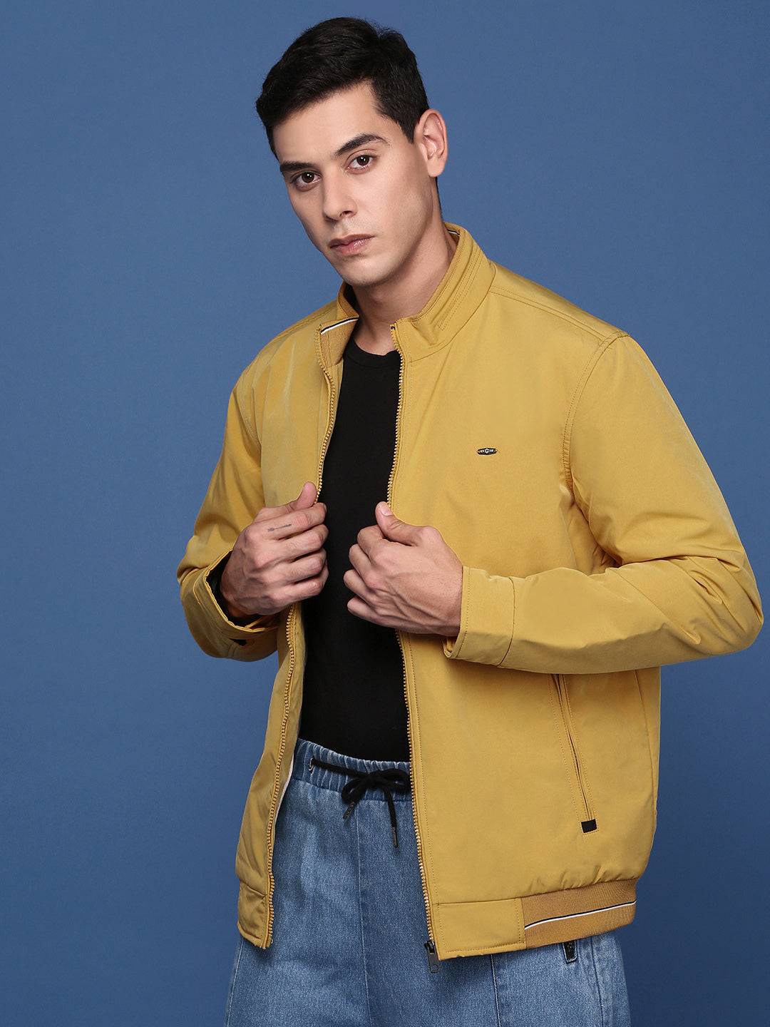 Men Solid Yellow Bomber Jacket