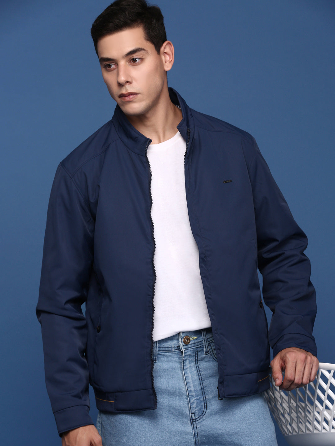 Men Solid Navy Blue Bomber Jacket