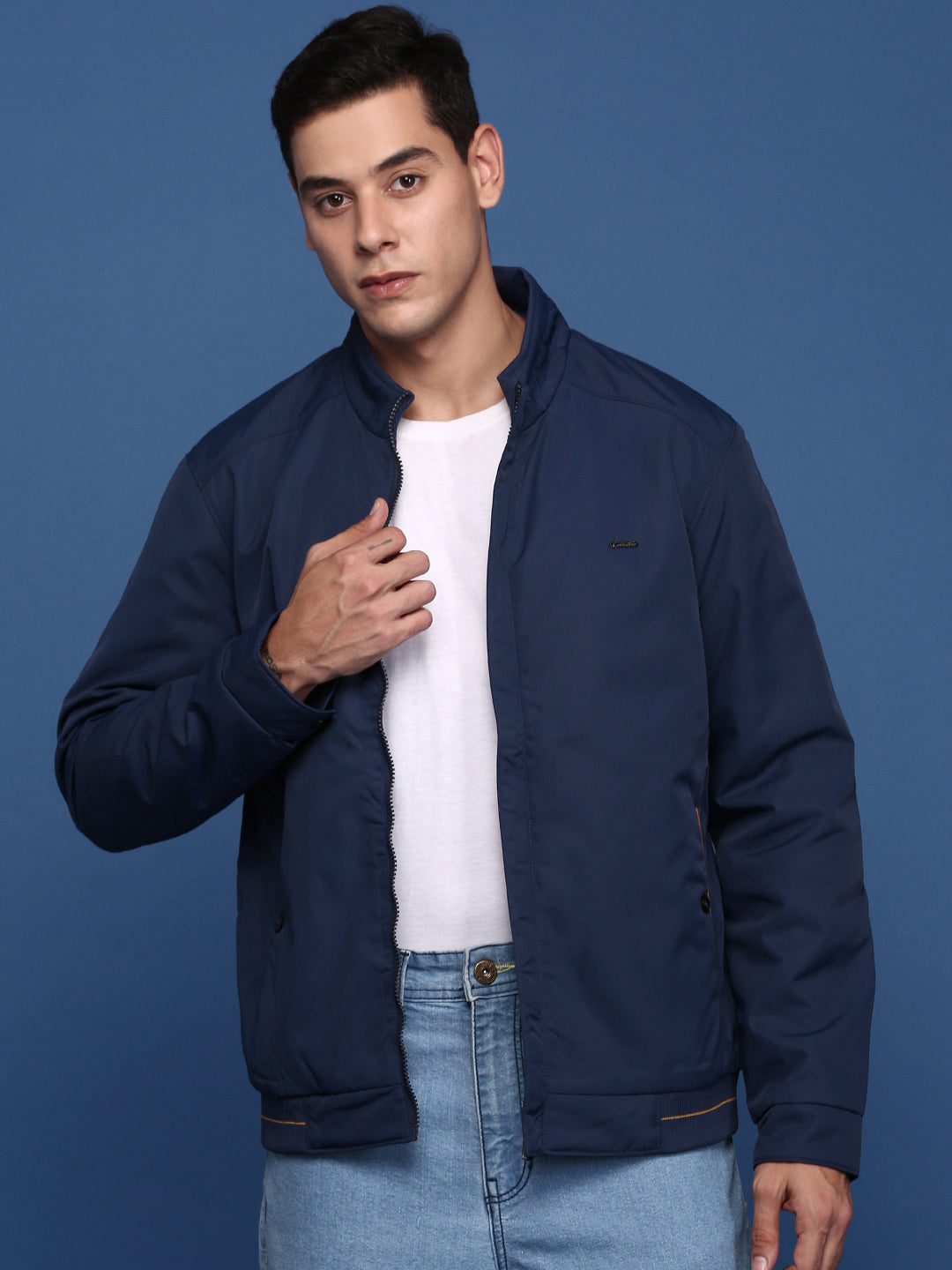 Men Solid Navy Blue Bomber Jacket