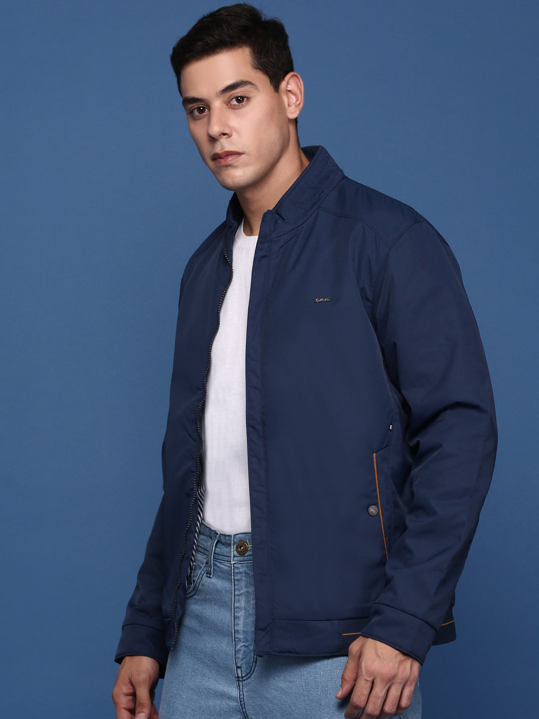 Men Solid Navy Blue Bomber Jacket