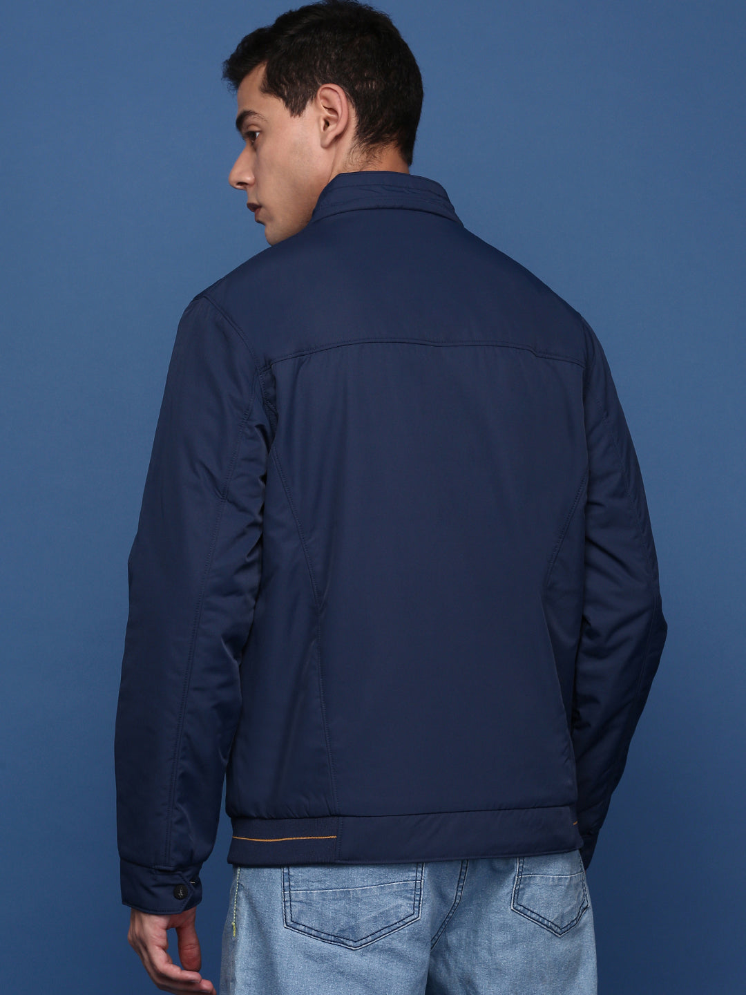 Men Solid Navy Blue Bomber Jacket