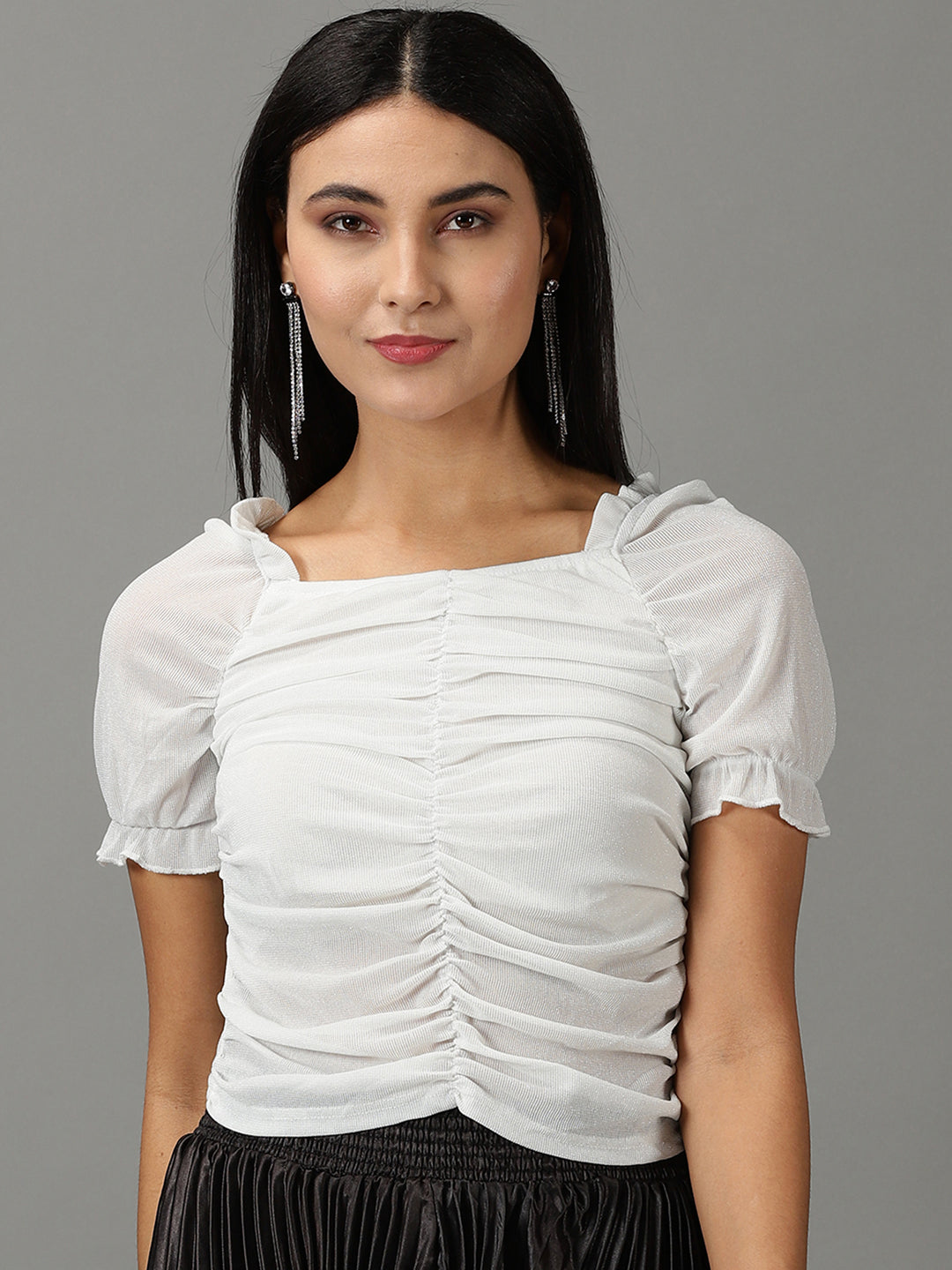 Women Square Neck Solid White Blouson Top