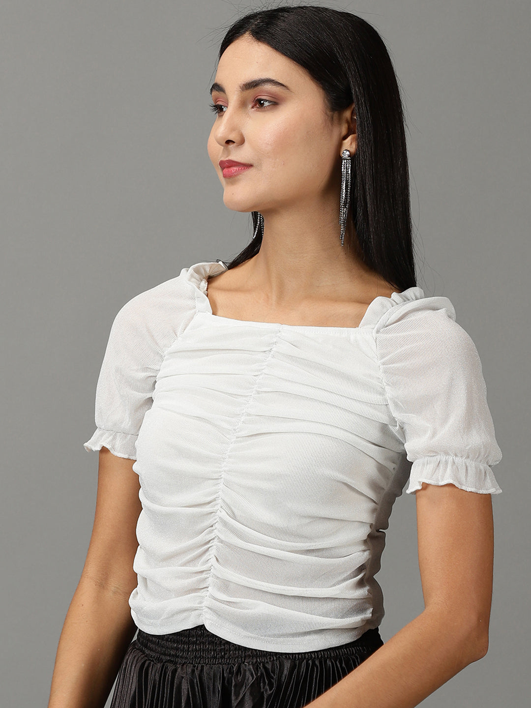 Women Square Neck Solid White Blouson Top