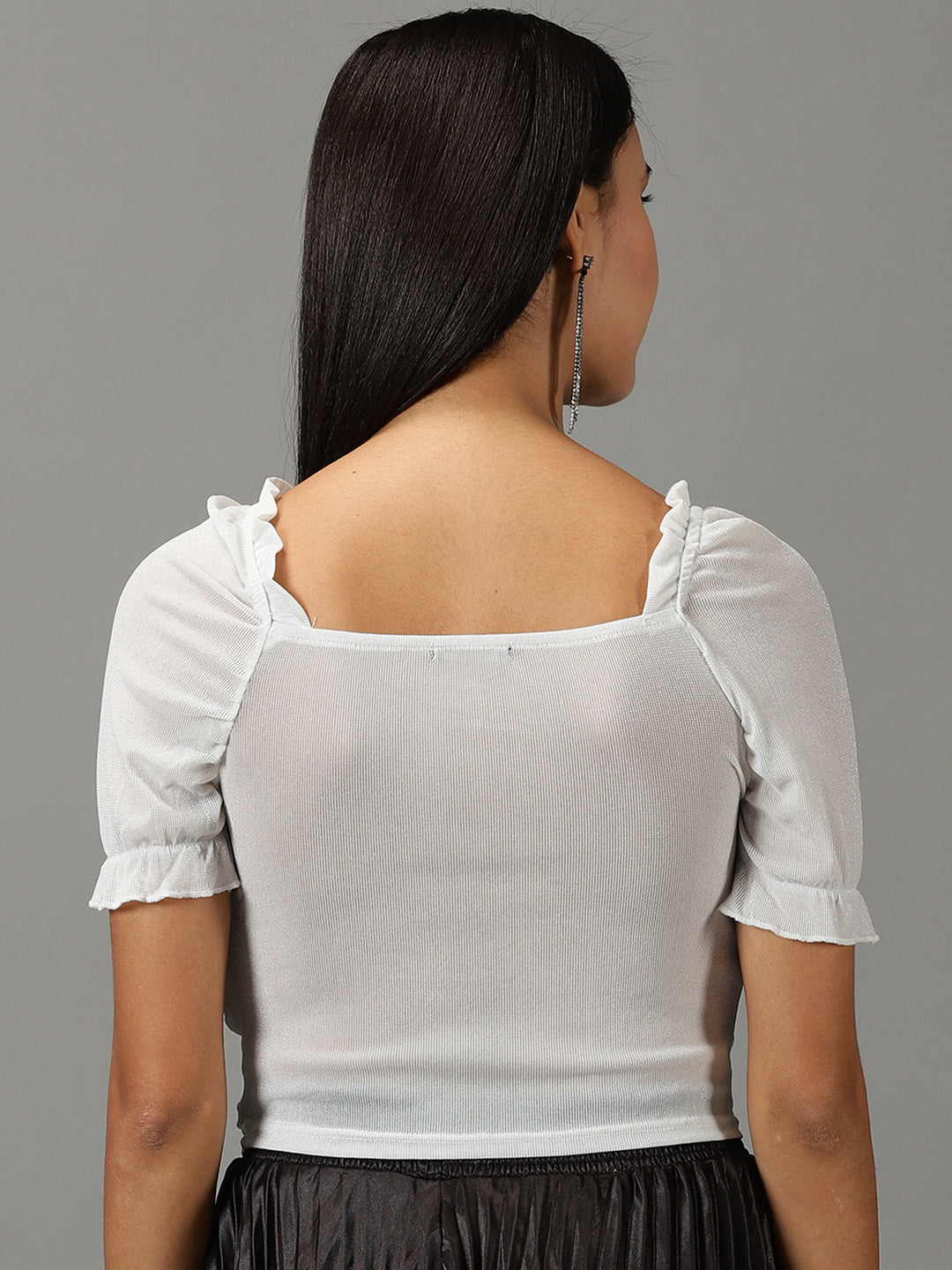 Women Square Neck Solid White Blouson Top