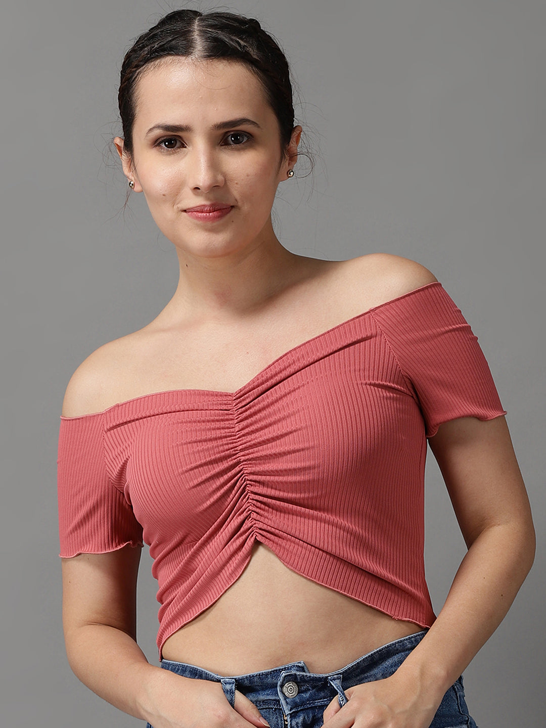 Women Off-Shoulder Solid Mauve Fitted Top