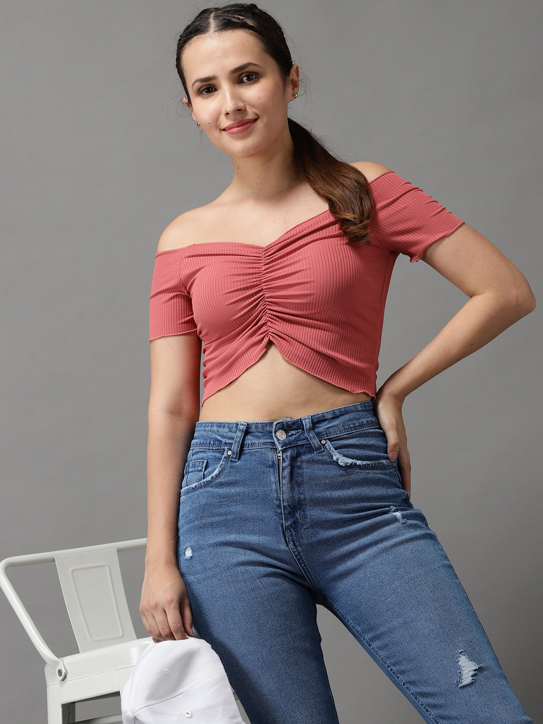 Women Off-Shoulder Solid Mauve Fitted Top