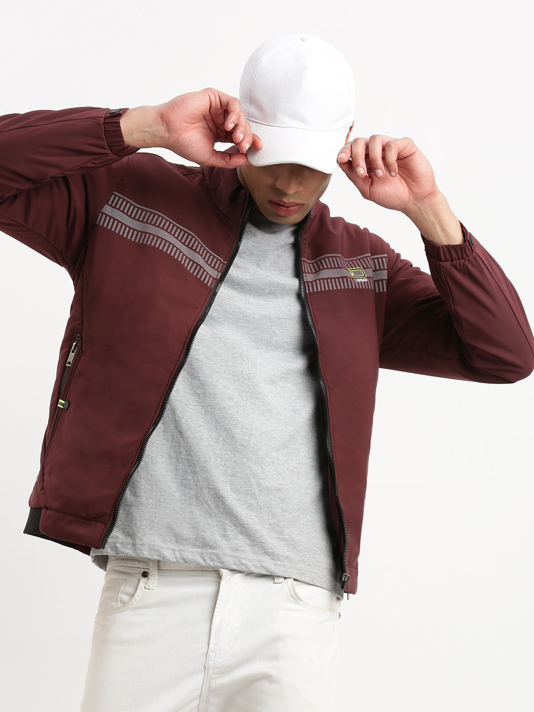 Men Mock Collar Maroon Solid Bomber Jacket