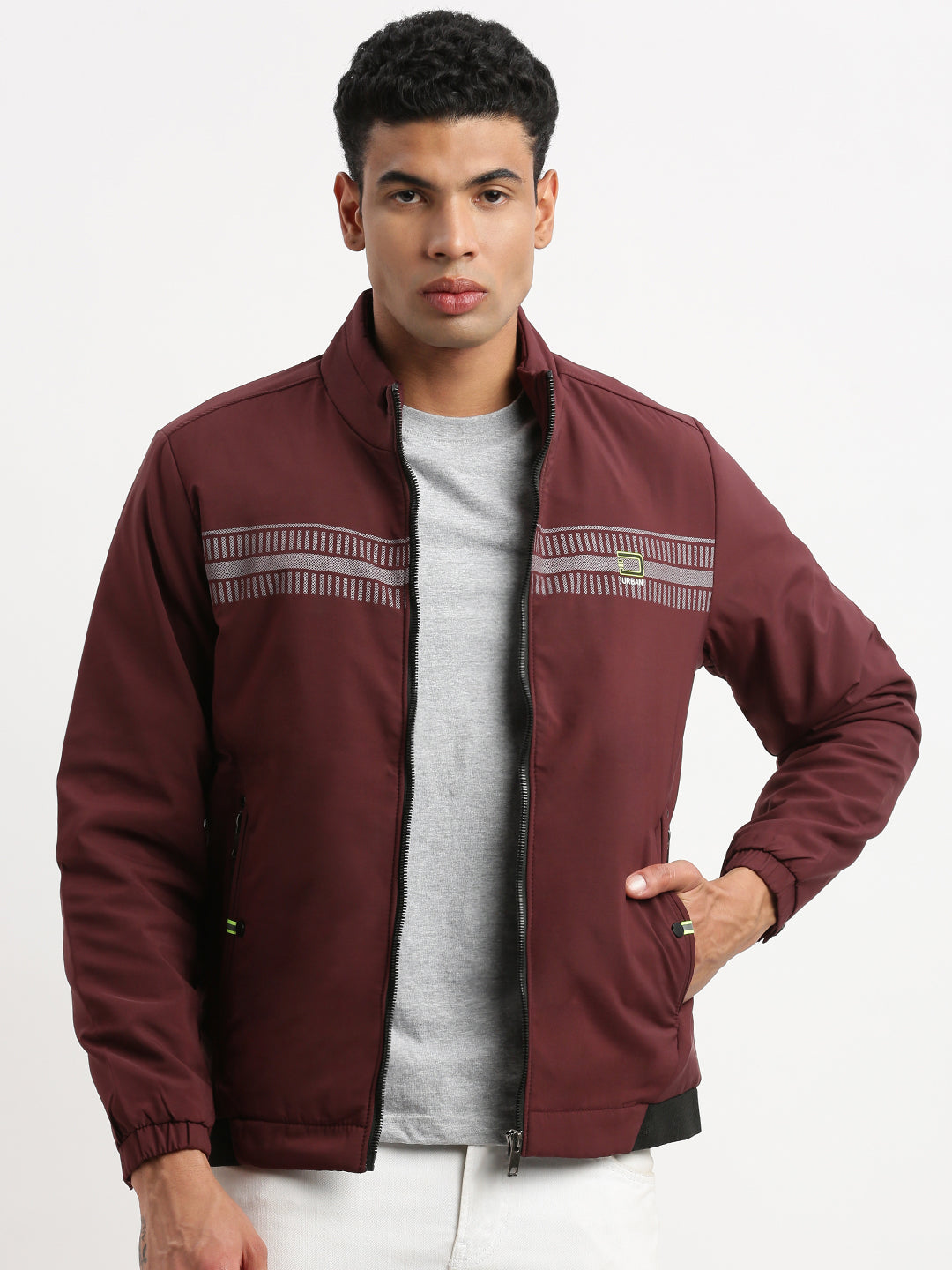 Men Mock Collar Maroon Solid Bomber Jacket