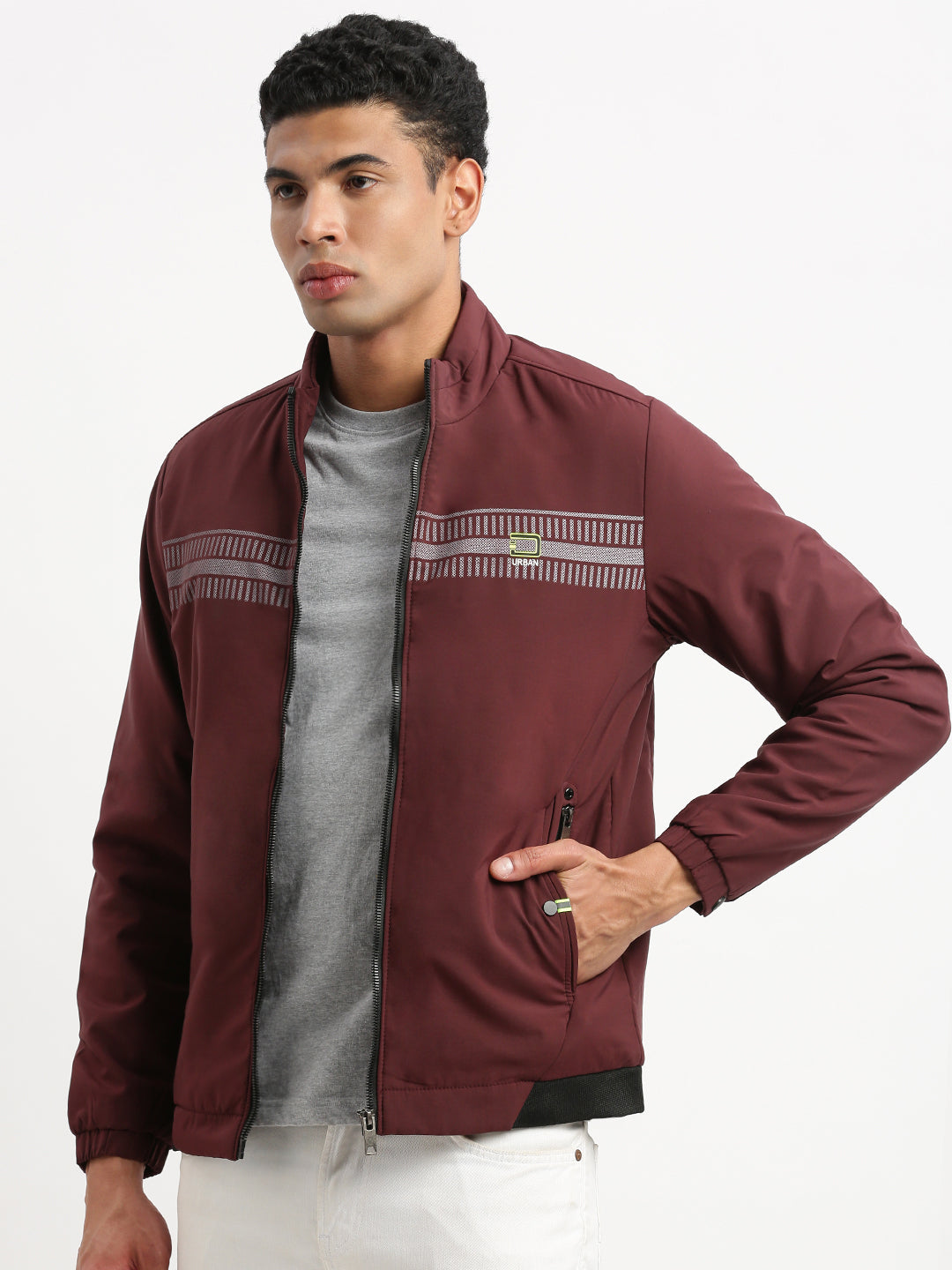 Men Mock Collar Maroon Solid Bomber Jacket