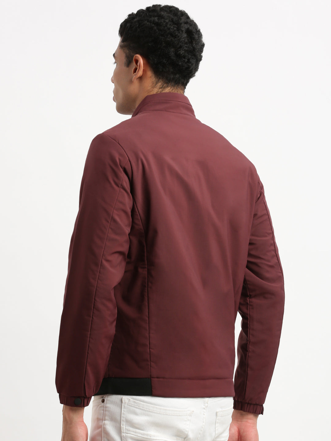 Men Mock Collar Maroon Solid Bomber Jacket