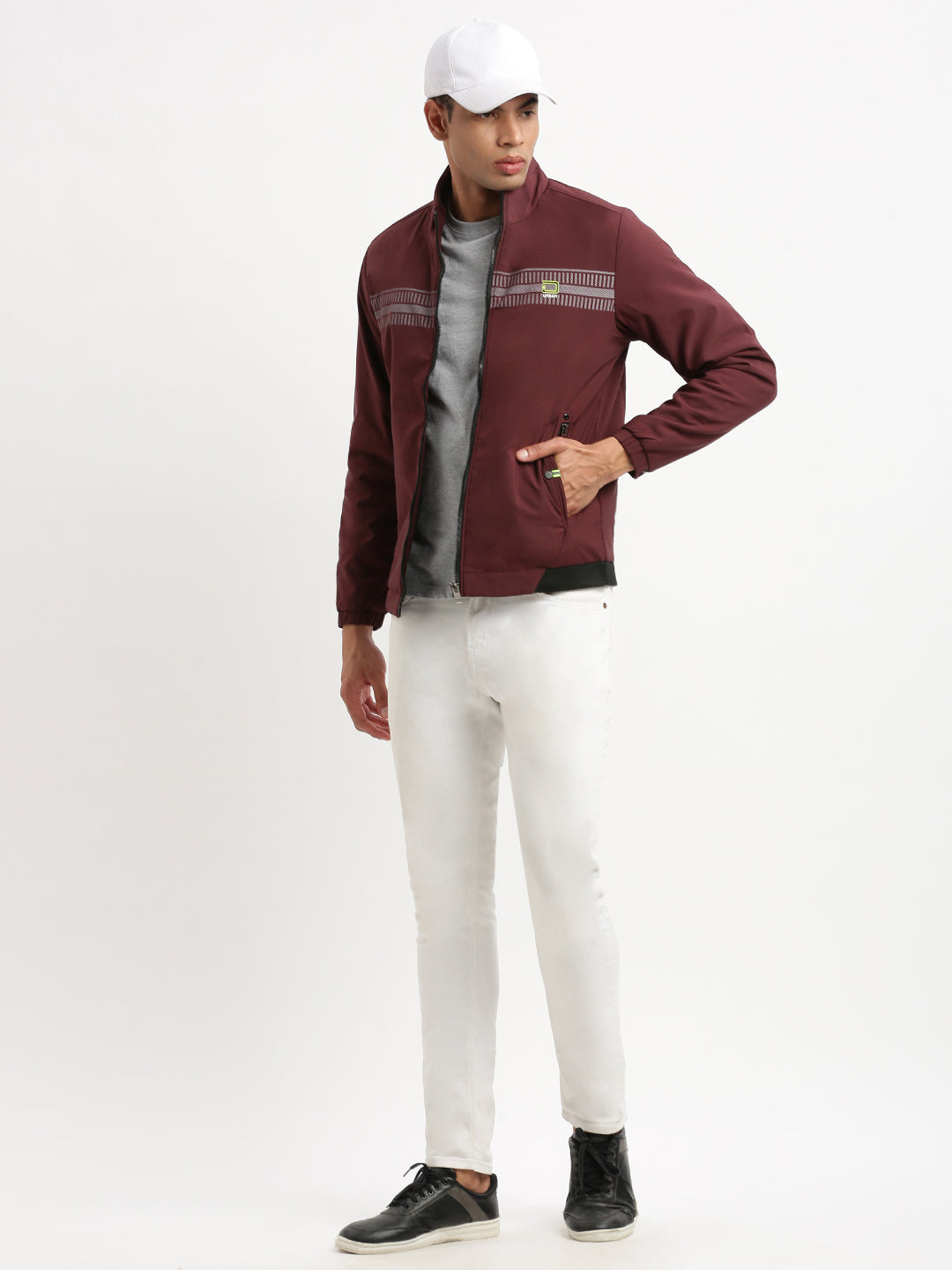 Men Mock Collar Maroon Solid Bomber Jacket