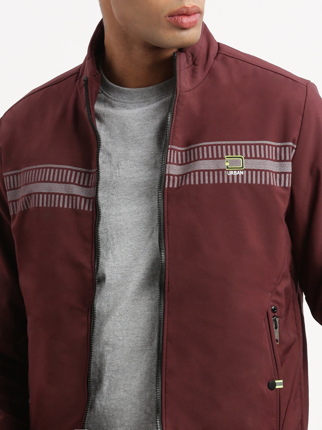 Men Mock Collar Maroon Solid Bomber Jacket