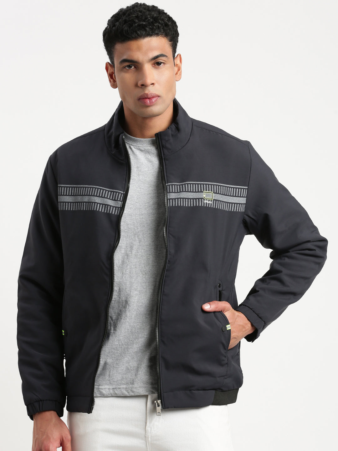 Men Mock Collar Navy Blue Solid Bomber Jacket