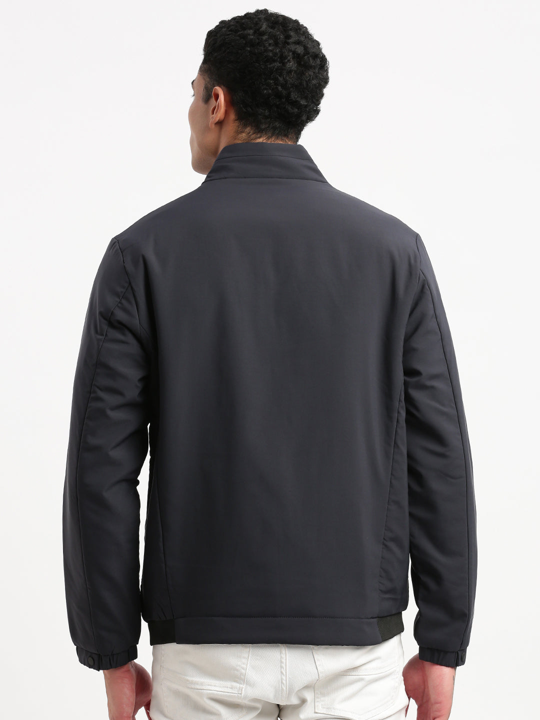 Men Mock Collar Navy Blue Solid Bomber Jacket