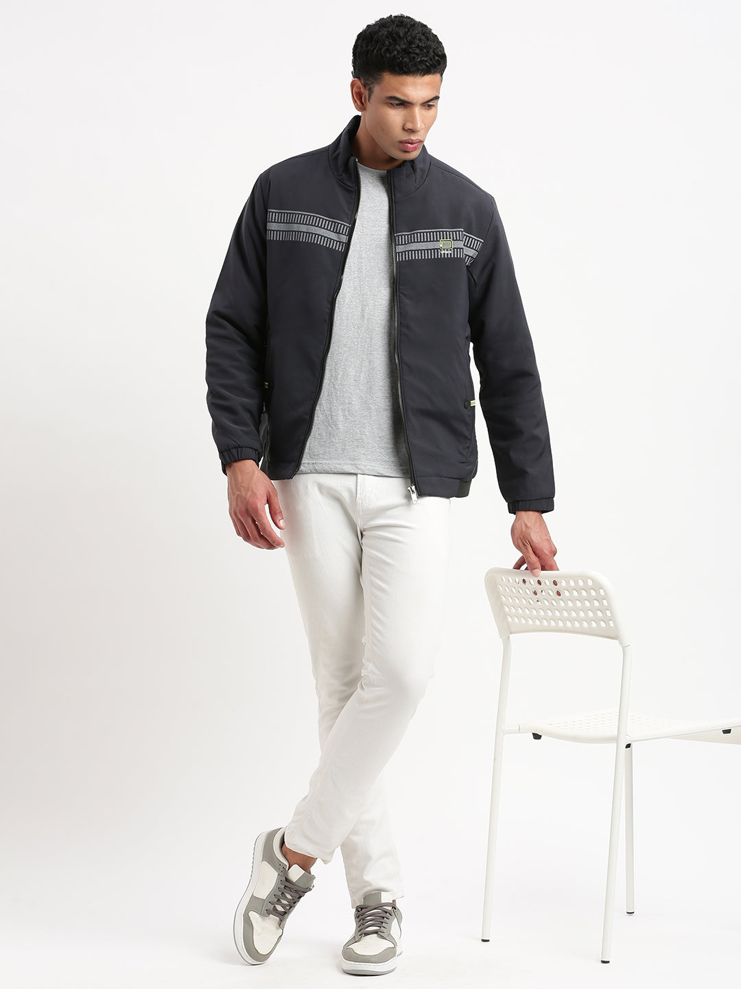 Men Mock Collar Navy Blue Solid Bomber Jacket