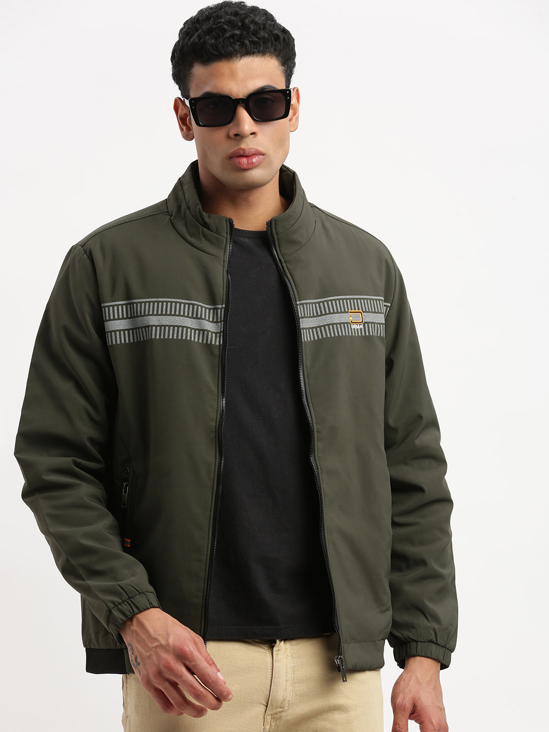 Men Mock Collar Olive Solid Bomber Jacket