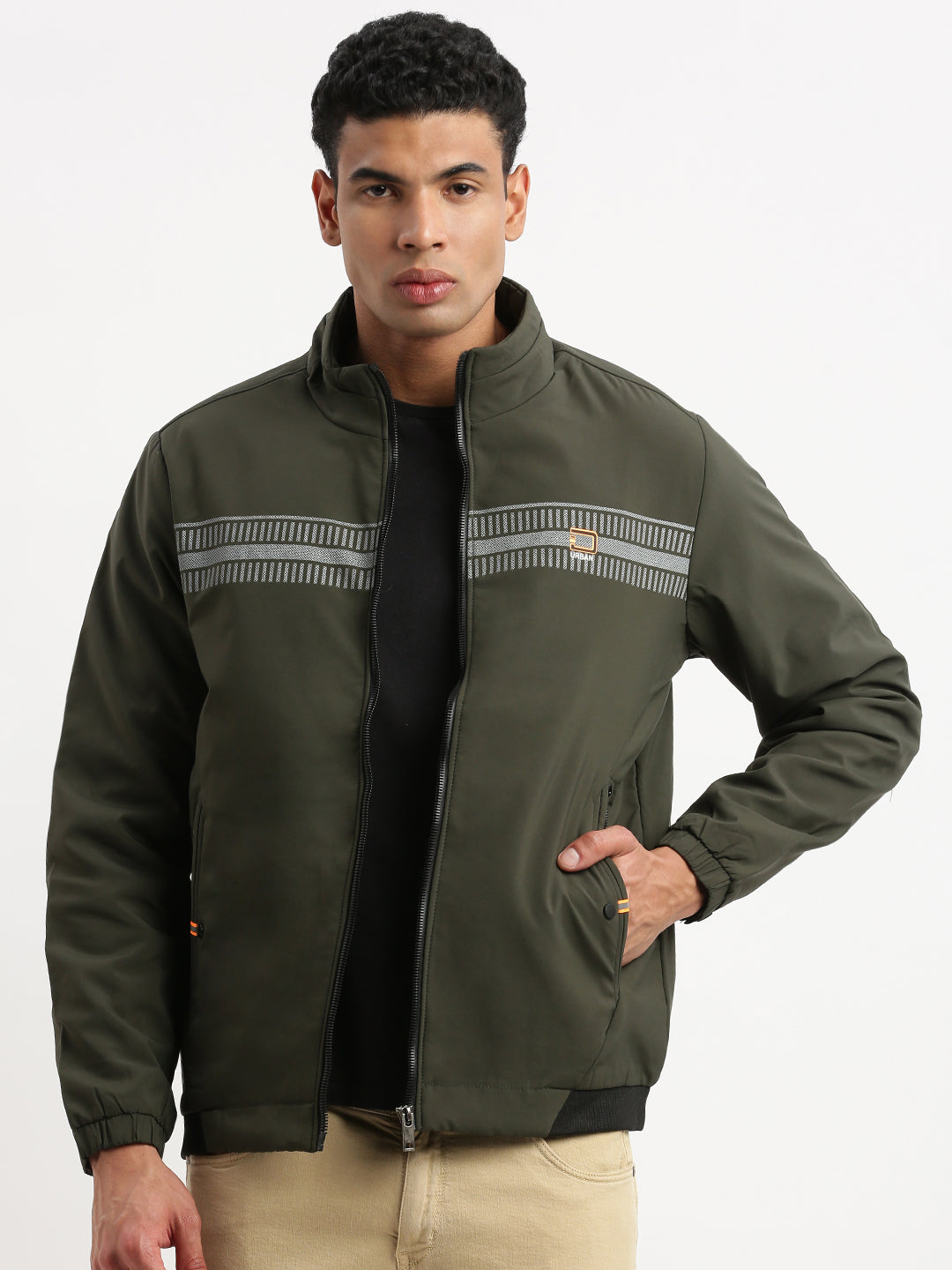 Men Mock Collar Olive Solid Bomber Jacket