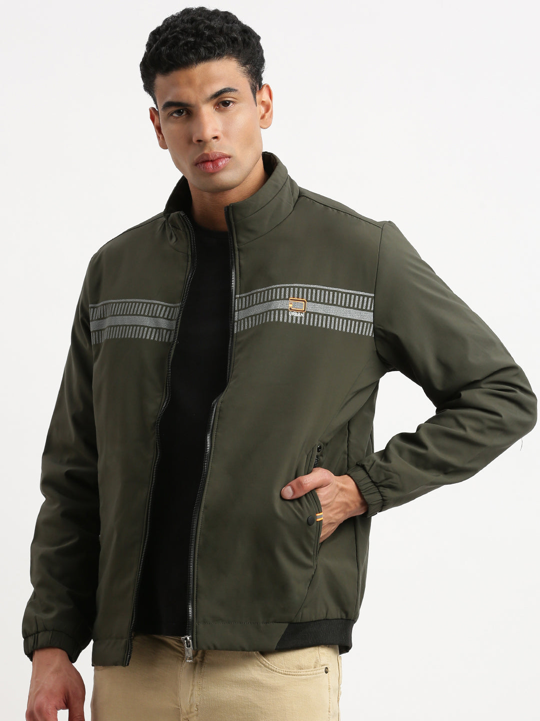 Men Mock Collar Olive Solid Bomber Jacket