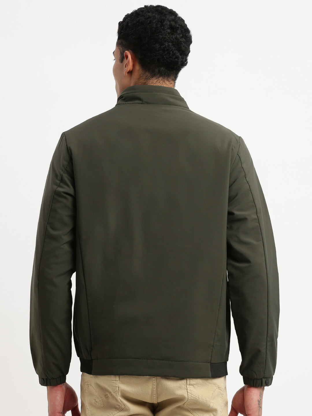 Men Mock Collar Olive Solid Bomber Jacket