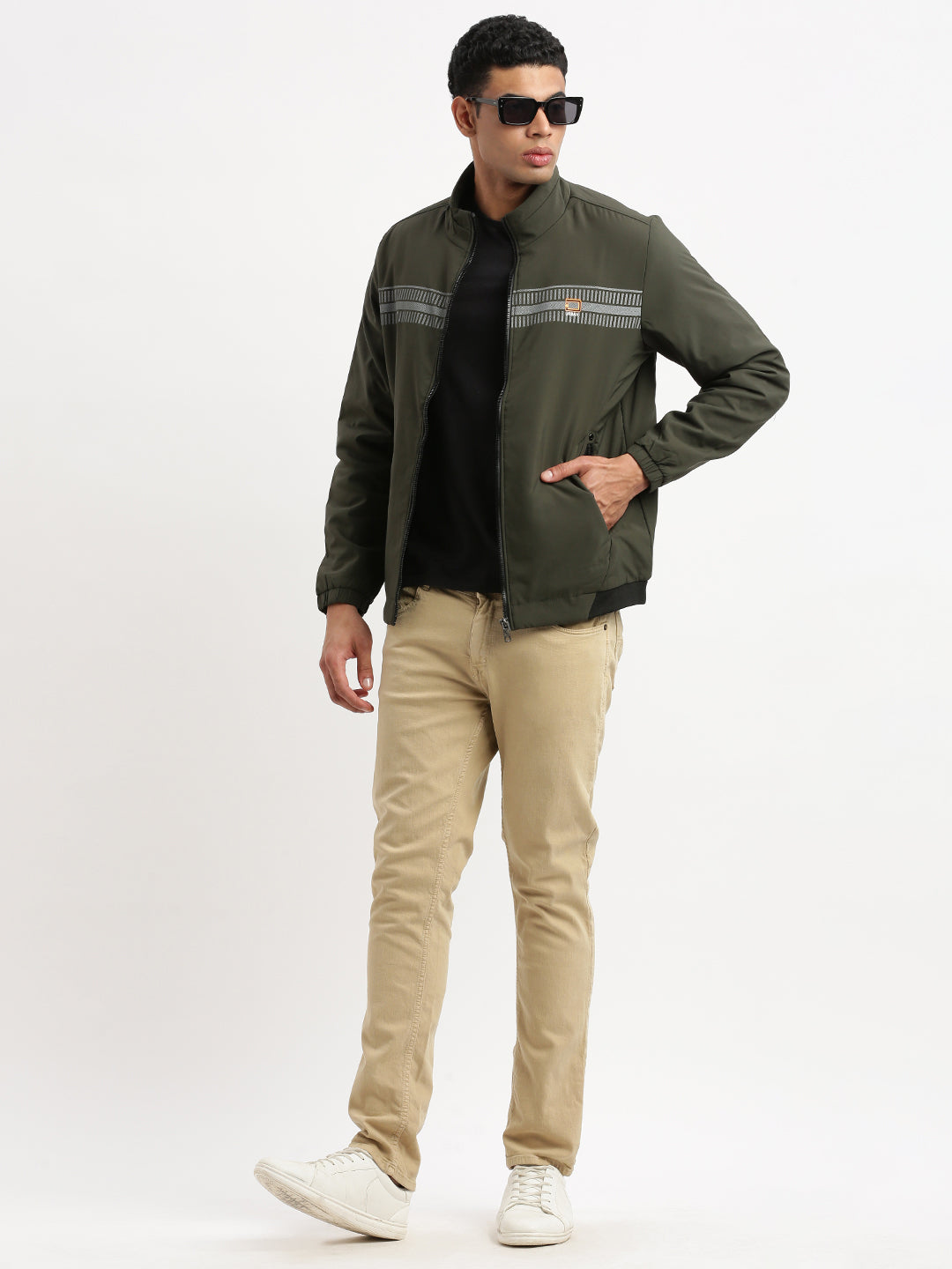 Men Mock Collar Olive Solid Bomber Jacket